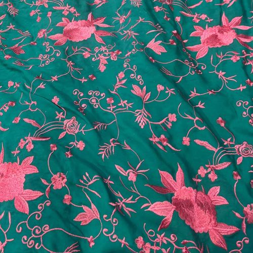 Tela Bordada Verde Y Fucsia